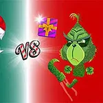 Santa Claus a Grinch na rozděleném pozadí se svátečním dárkem a nápisem VS uprostřed