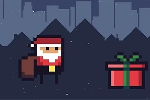 Pixel art Santa s batohem stojí vedle zabaleného dárku na tmavém pozadí města