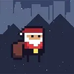Pixel art Santa s batohem stojí vedle zabaleného dárku na tmavém pozadí města