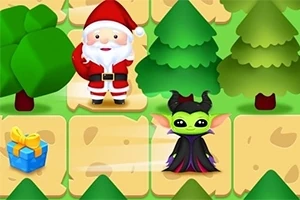 Santa Claus a postava s rohy stojí na hrací ploše s dárkem a stromy