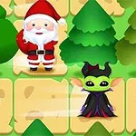 Santa Claus a postava s rohy stojí na hrací ploše s dárkem a stromy