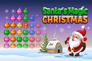 Santa Claus stojí ve sněhu před malým domkem s kouřícím komínem, vlevo je řada barevných vánočních ozdob
