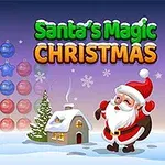 Santa Claus stojí ve sněhu před malým domkem s kouřícím komínem, vlevo je řada barevných vánočních ozdob
