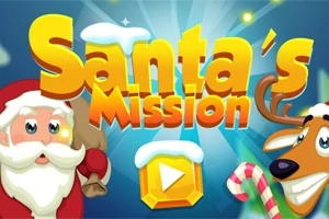 Vánoční motiv s kresleným Santou, sobem a nápisem Santas Mission na modrém pozadí