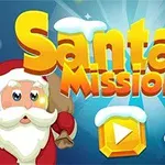 Vánoční motiv s kresleným Santou, sobem a nápisem Santas Mission na modrém pozadí