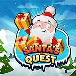 Santa Claus drží dárky na zasněženém pozadí s vánočními stromy a modrou oblohou