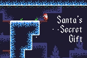Santa ve vánočním obleku stojí na zasněžené plošině v jeskyni s názvem Santas Secret Gift v retro pixel art stylu