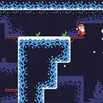 Santa ve vánočním obleku stojí na zasněžené plošině v jeskyni s názvem Santas Secret Gift v retro pixel art stylu