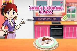 Kreslená postava kuchařky stojí vedle kuchyňské linky s nápisem Saras Cooking Class a talířem s dezertem na stole