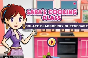 Postava kuchařky v purpurovém oblečení a nápisem Saras Cooking Class na pozadí kuchyně