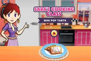 Postava v kuchyni s nápisem Saras Cooking Class a talířem s mini pop tarts na stole