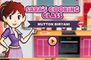 Kreslená postava ve fialovém oblečení stojí v kuchyni s fialovými skříňkami, s texty Saras Cooking Class a Mutton Biryani