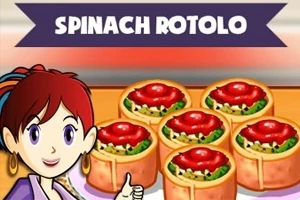 Žena s červenými vlasy ukazuje na talíř se šesti závitky se špenátem a rajčatovou omáčkou pod nápisem Spinach Rotolo