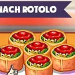 Žena s červenými vlasy ukazuje na talíř se šesti závitky se špenátem a rajčatovou omáčkou pod nápisem Spinach Rotolo