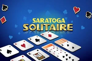 Modré pozadí s rozloženými hracími kartami a textem Saratoga Solitaire