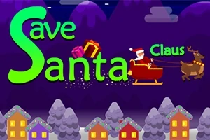 Nápis Save Santa Claus s kresleným obrázkem Santa Clause na saních tažených sobem, obklopený dárky na fialovém pozadí s domečky a stromy
