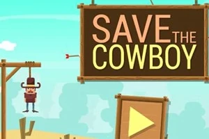 Kreslený kovboj visí na oprátce vedle nápisu SAVE THE COWBOY a dřevěného panelu se symbolem přehrávání