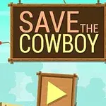 Kreslený kovboj visí na oprátce vedle nápisu SAVE THE COWBOY a dřevěného panelu se symbolem přehrávání