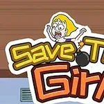 Karikatura vyděšené dívky s blonďatými vlasy vedle textu Save The Girl a malého obrázku bomby