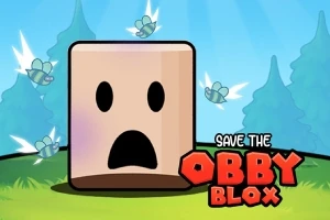 Ilustrace znázorňuje překvapený hranatý obličej s otevřenými ústy na zeleném trávníku, se stromy v pozadí a nápisem Save the Obby Blox