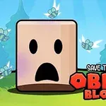 Ilustrace znázorňuje překvapený hranatý obličej s otevřenými ústy na zeleném trávníku, se stromy v pozadí a nápisem Save the Obby Blox