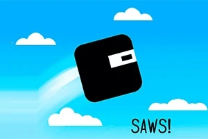 Černý čtverec s bílými detaily skáče na modrém pozadí s bílými mraky a nápisem SAWS!