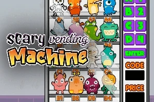 Automat na barevné kreslené příšerky s nápisy „scary vending machine“ a různými tlačítky s kódy
