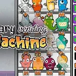 Automat na barevné kreslené příšerky s nápisy „scary vending machine“ a různými tlačítky s kódy