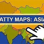 Mapa Asie s výraznými barevnými oblastmi a nápisem „SCATTY MAPS: ASIA“ spolu s bílou ikonou ruky ukazující na mapu
