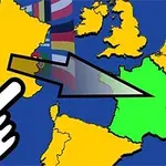 Mapa Evropy s Francií zvýrazněnou žlutě a zeleně, uprostřed s šipkou a grafickým ukazatelem ruky