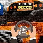 Žlutý školní autobus stojí před parkovacím místem s nápisem School Bus 3D Parking a rukama na volantu