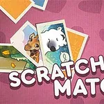 Barevné ilustrace zvířat s nápisem „Scratch & Match“ na růžovém pozadí