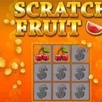 Žlutý a oranžový motiv s nápisem SCRATCH FRUIT, obrázkem třešní a melounu, a hrací mřížkou s obrázky dolarů