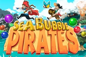 Dva kreslení piráti s papouškem a pokladem běží nad nápisem Sea Bubble Pirates s barevnými bublinami kolem