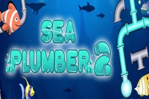 Podmořská scéna s rybami, žraloky, potrubím a nápisem Sea Plumber 2