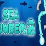 Podmořská scéna s rybami, žraloky, potrubím a nápisem Sea Plumber 2