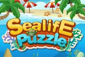 Barevný nápis Sealife Puzzle s obrázkem žabky na pozadí pláže s palmami a slunečníky
