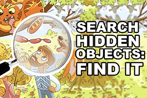 Muž s lupou hledající skryté předměty na ilustraci stromu a zvířat, vedle nápisu Search Hidden Objects: Find It