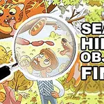 Muž s lupou hledající skryté předměty na ilustraci stromu a zvířat, vedle nápisu Search Hidden Objects: Find It