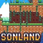 Pestrobarevný pixely kraj s platformovými úrovněmi, rostlinami a nápisem SEASONLAND