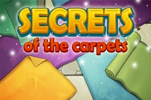 Barevné svitky koberců s nápisem Secrets of the Carpets na pozadí s hvězdným efektem