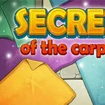 Barevné svitky koberců s nápisem Secrets of the Carpets na pozadí s hvězdným efektem