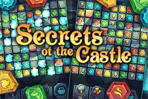 Barevná herní obrazovka s drahokamy v mřížce a velkým zlatým nápisem „Secrets of the Castle