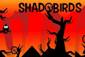 Siluety ptáků a stromů na pozadí červeno-oranžové oblohy s názvem SHADOBIRDS nahoře