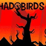 Siluety ptáků a stromů na pozadí červeno-oranžové oblohy s názvem SHADOBIRDS nahoře