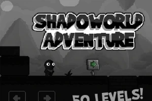 Stínová postavička stojící vedle šipky s nápisem Shadoworld Adventure na tmavém pozadí hor