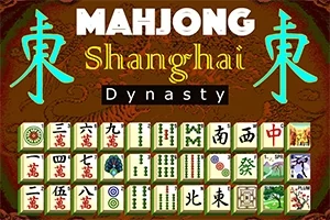 Název Mahjong Shanghai Dynasty s čínskými znaky a řadou dlaždic s různými symboly
