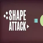 Text SHAPE ATTACK vedle různobarevných geometrických tvarů na hnědém pozadí