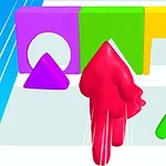 Červená postava běží po dráze směrem k barevným překážkám ve tvaru kruhu, trojúhelníku a čtverce