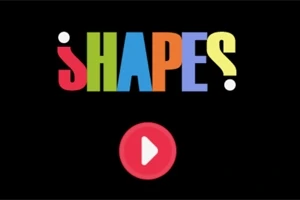 Barevný nápis SHAPES na černém pozadí s červeným tlačítkem pro přehrávání